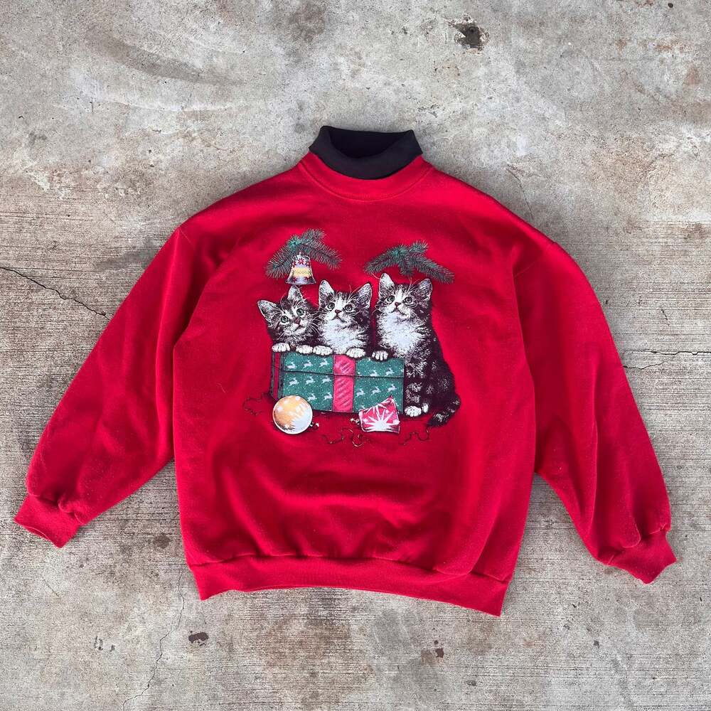 Vintage 90s Christmas Kittens Red Crewneck Sweatshirt
